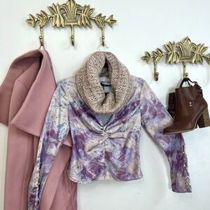 🆕💜ZARA NWT Purple marble satin long sleeve blouse xs ptp 17